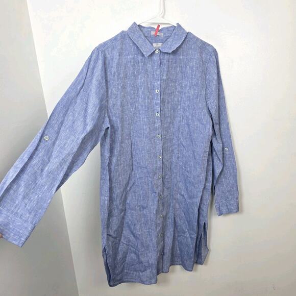 Chico's Blue 100% Linen No Iron Long Sleeve Coastal Shirt Mini Dress Size 14 - Picture 1 of 7